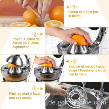 130W Elektrischer Zitruspresse Orange Zitrone Limette Grapefruit Entsafter Edelstahl Körperfilter Presskegel Orangenextraktor